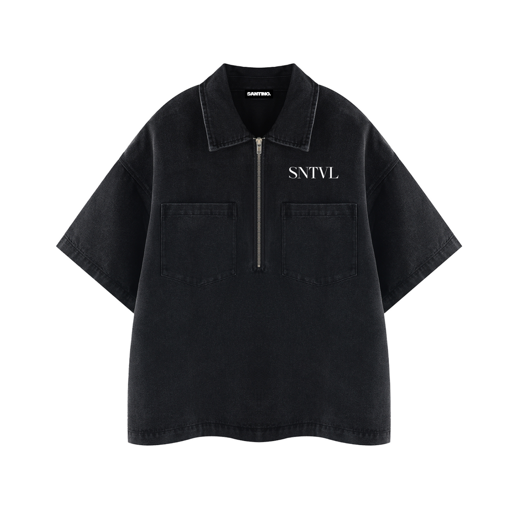 SANTINO — Unisex Vintage Wash Boxy Quarter-Zip Denim Shirt — SNTVL
