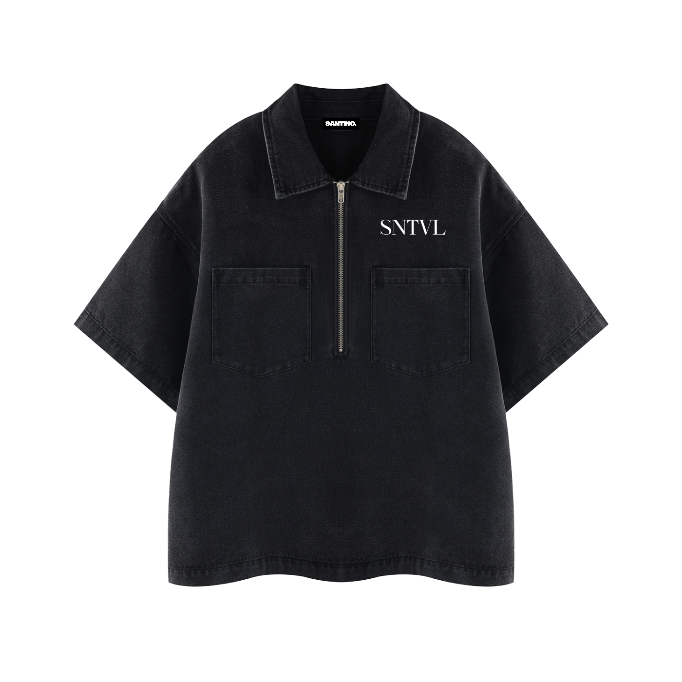SANTINO — Unisex Vintage Wash Boxy Quarter-Zip Denim Shirt — SNTVL