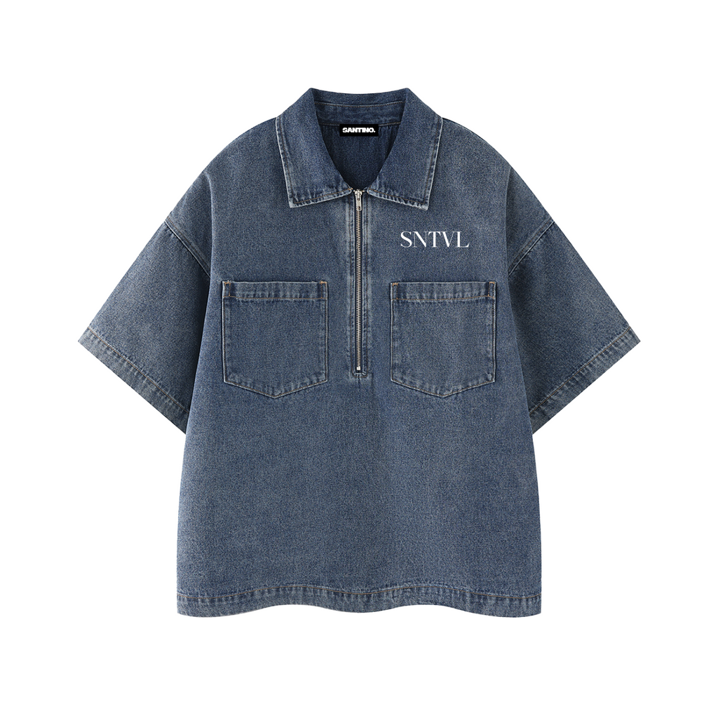 SANTINO — Unisex Vintage Wash Boxy Quarter-Zip Denim Shirt — SNTVL