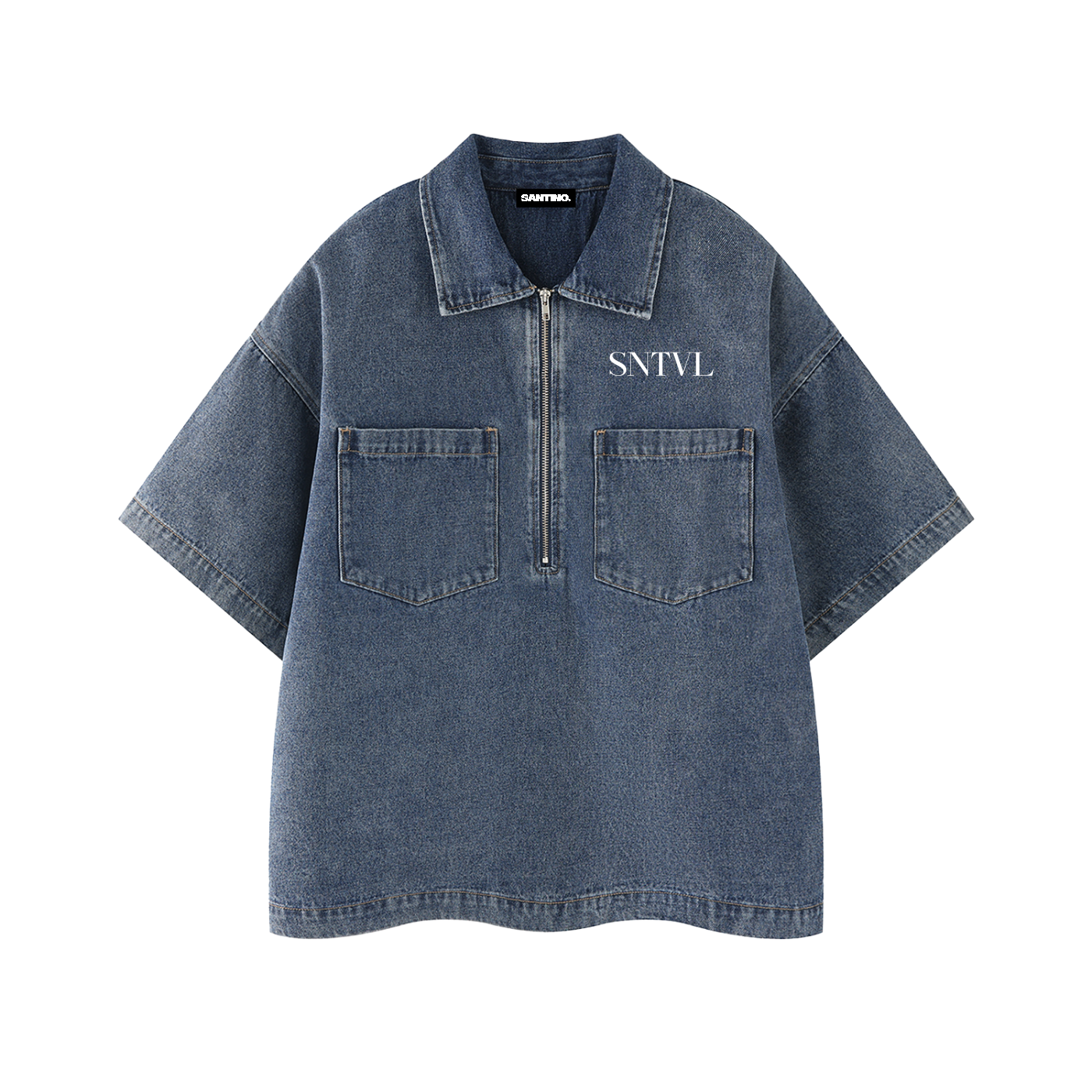 SANTINO — Unisex Vintage Wash Boxy Quarter-Zip Denim Shirt — SNTVL